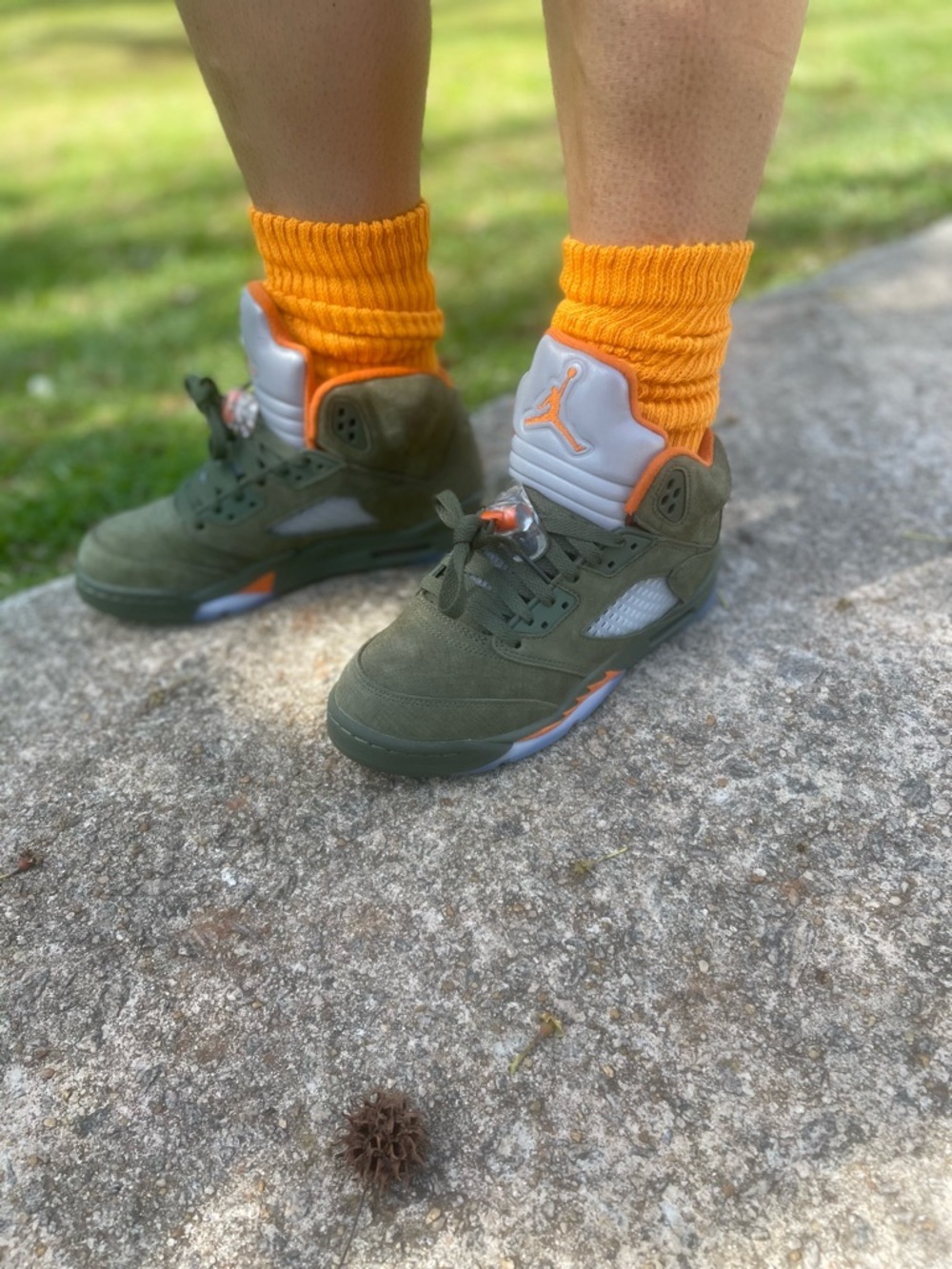 Jordan Olive Green Suede Sneakers with Bright Orange Accents
